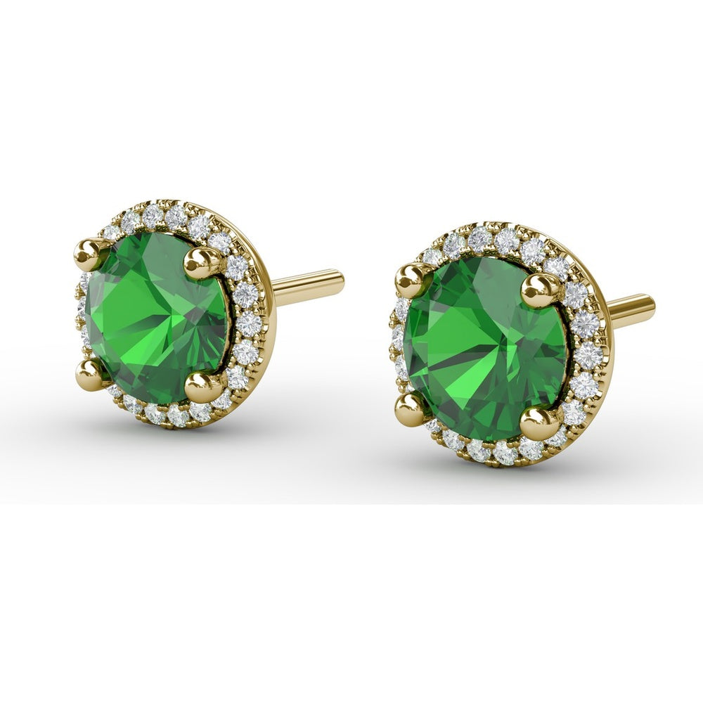 Round Emerald Stud Earrings with Diamond Halo by Fana - 1.73 Carat Total Gemstone Weight