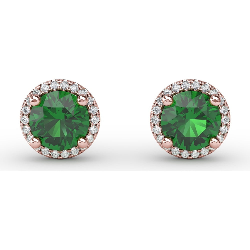 Round Emerald Stud Earrings with Diamond Halo by Fana - 1.73 Carat Total Gemstone Weight