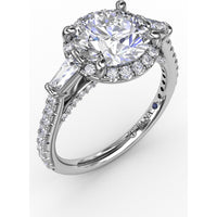 Round Halo Engagement Ring Setting with Tapered Baguettes and Pavé Band by Fana - 0.69 Carat Total Diamond Weight
