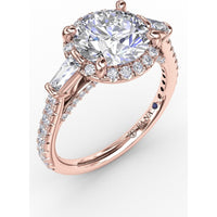 Round Halo Engagement Ring Setting with Tapered Baguettes and Pavé Band by Fana - 0.69 Carat Total Diamond Weight