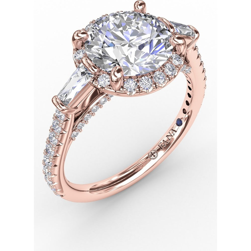 Round Halo Engagement Ring Setting with Tapered Baguettes and Pavé Band by Fana - 0.69 Carat Total Diamond Weight