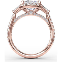 Round Halo Engagement Ring Setting with Tapered Baguettes and Pavé Band by Fana - 0.69 Carat Total Diamond Weight
