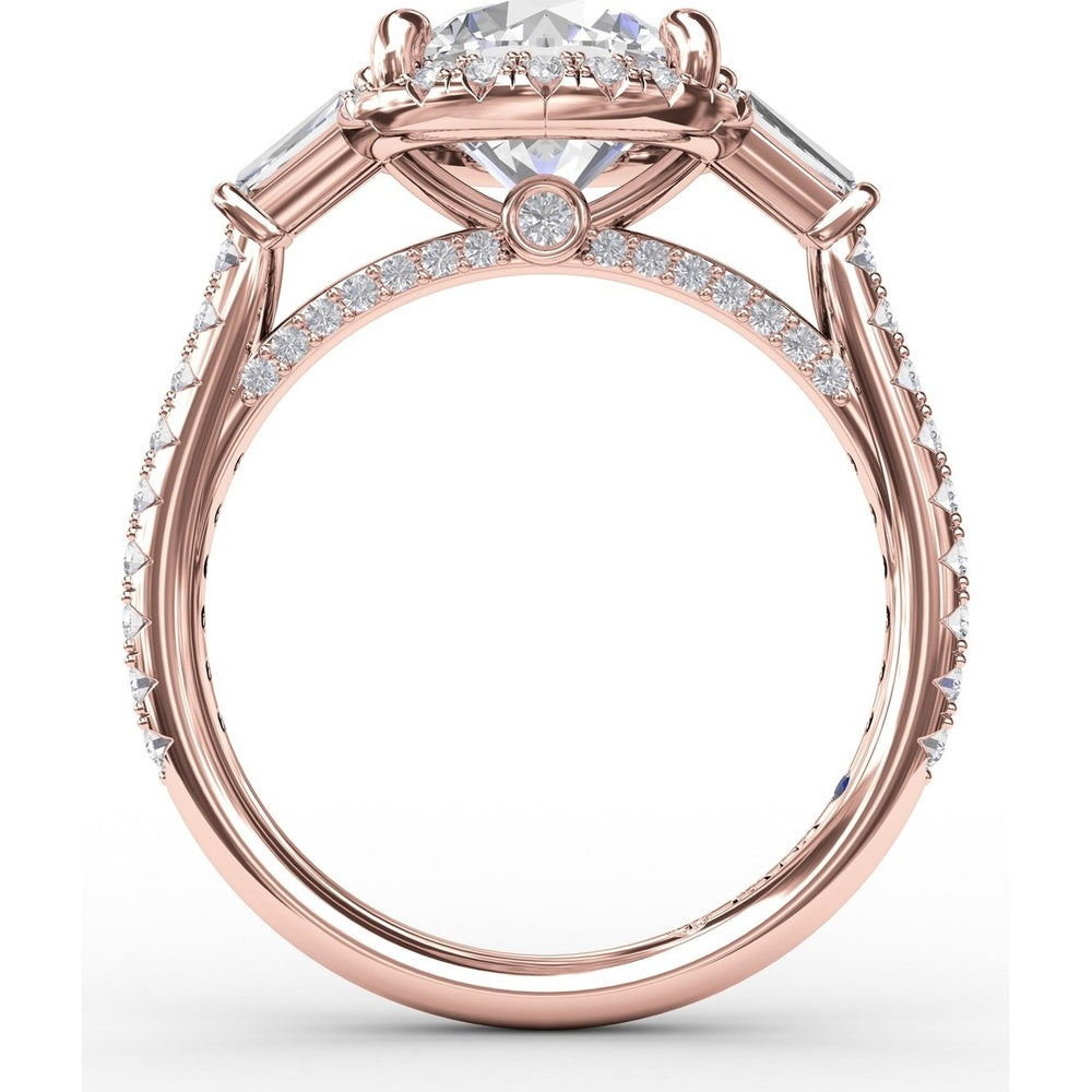 Round Halo Engagement Ring Setting with Tapered Baguettes and Pavé Band by Fana - 0.69 Carat Total Diamond Weight