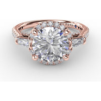 Round Halo Engagement Ring Setting with Tapered Baguettes and Pavé Band by Fana - 0.69 Carat Total Diamond Weight