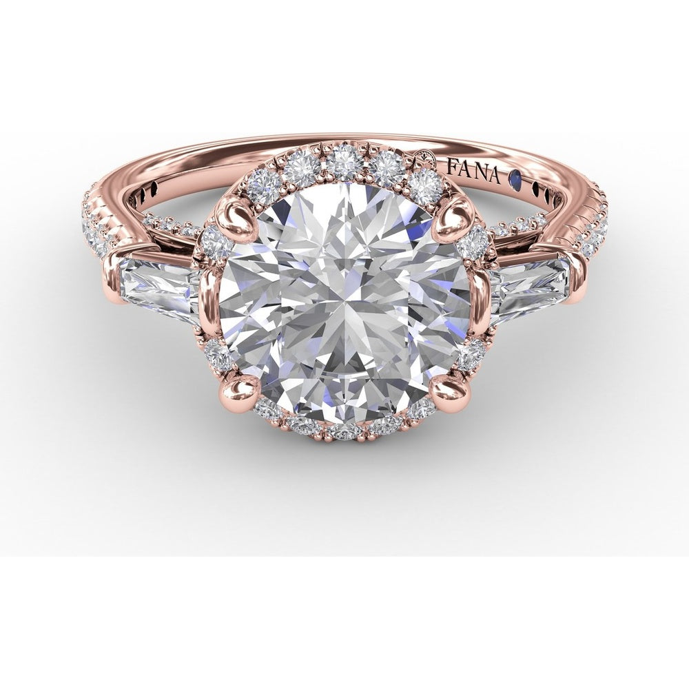 Round Halo Engagement Ring Setting with Tapered Baguettes and Pavé Band by Fana - 0.69 Carat Total Diamond Weight