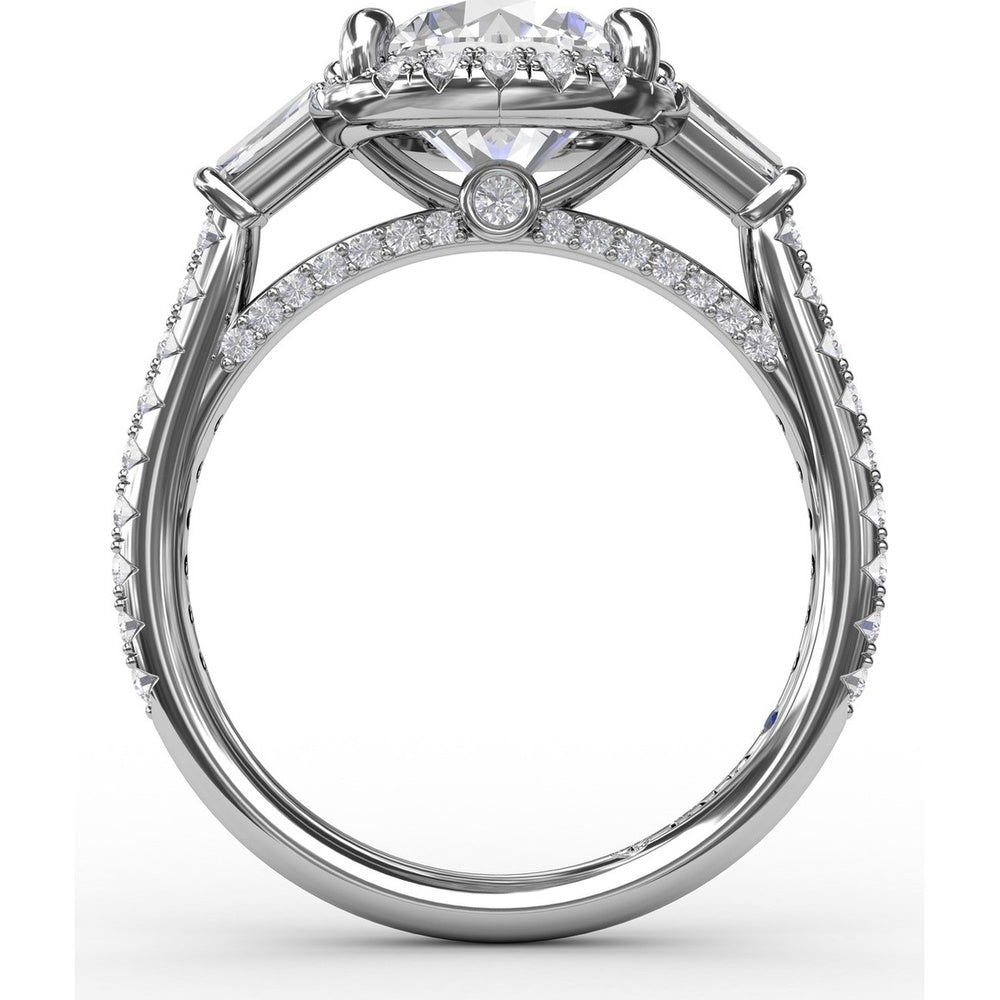 Round Halo Engagement Ring Setting with Tapered Baguettes and Pavé Band by Fana - 0.69 Carat Total Diamond Weight