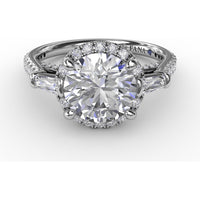 Round Halo Engagement Ring Setting with Tapered Baguettes and Pavé Band by Fana - 0.69 Carat Total Diamond Weight