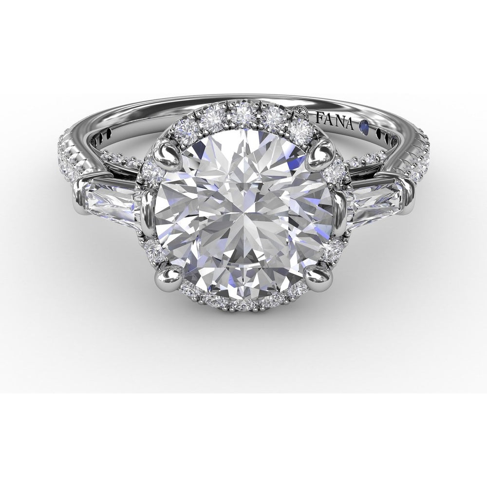 Round Halo Engagement Ring Setting with Tapered Baguettes and Pavé Band by Fana - 0.69 Carat Total Diamond Weight
