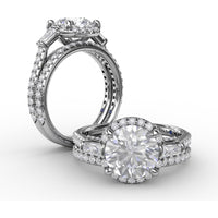 Round Halo Engagement Ring Setting with Tapered Baguettes and Pavé Band by Fana - 0.69 Carat Total Diamond Weight