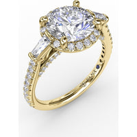 Round Halo Engagement Ring Setting with Tapered Baguettes and Pavé Band by Fana - 0.69 Carat Total Diamond Weight