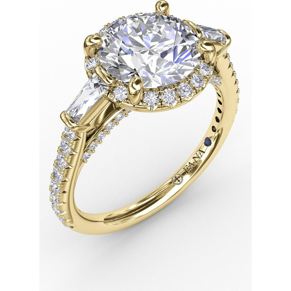 Round Halo Engagement Ring Setting with Tapered Baguettes and Pavé Band by Fana - 0.69 Carat Total Diamond Weight