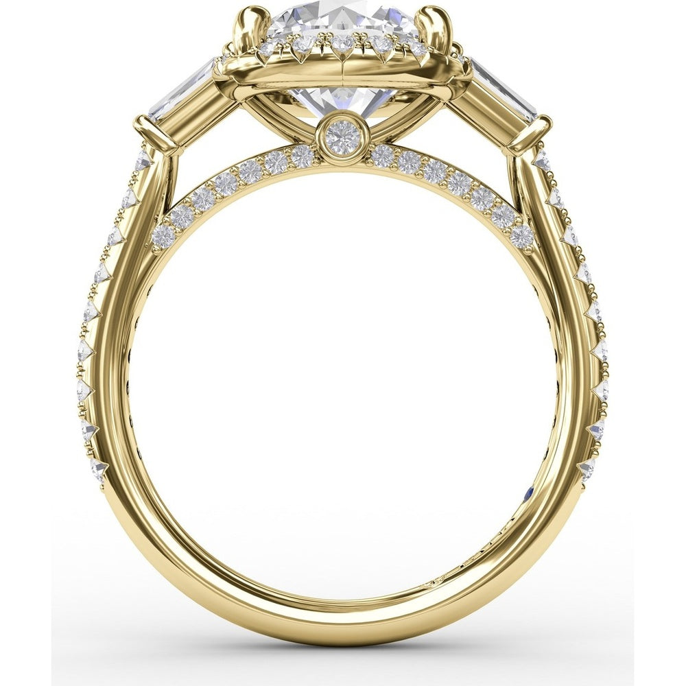 Round Halo Engagement Ring Setting with Tapered Baguettes and Pavé Band by Fana - 0.69 Carat Total Diamond Weight