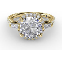Round Halo Engagement Ring Setting with Tapered Baguettes and Pavé Band by Fana - 0.69 Carat Total Diamond Weight