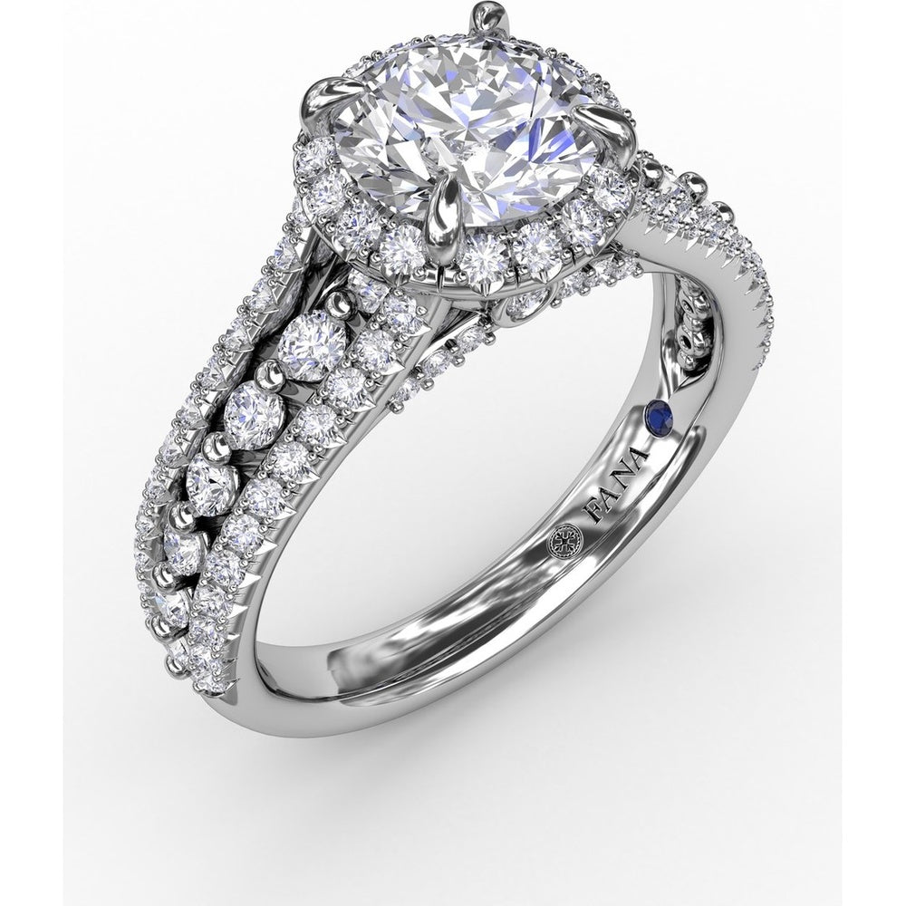 Round Halo Engagement Ring Setting with Triple-Row Pavé Diamond Band by Fana - 0.89 Carat Total Diamond Weight