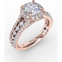 Round Halo Engagement Ring Setting with Triple-Row Pavé Diamond Band by Fana - 0.89 Carat Total Diamond Weight