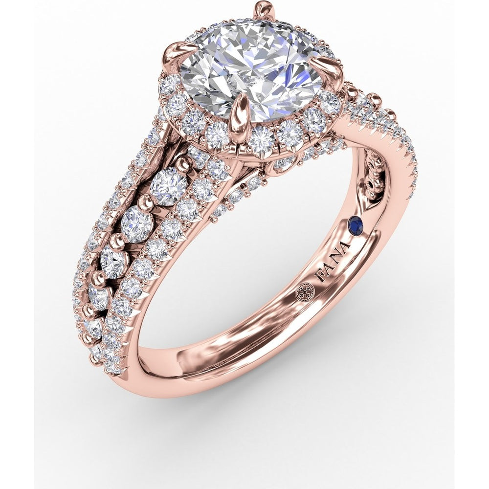Round Halo Engagement Ring Setting with Triple-Row Pavé Diamond Band by Fana - 0.89 Carat Total Diamond Weight