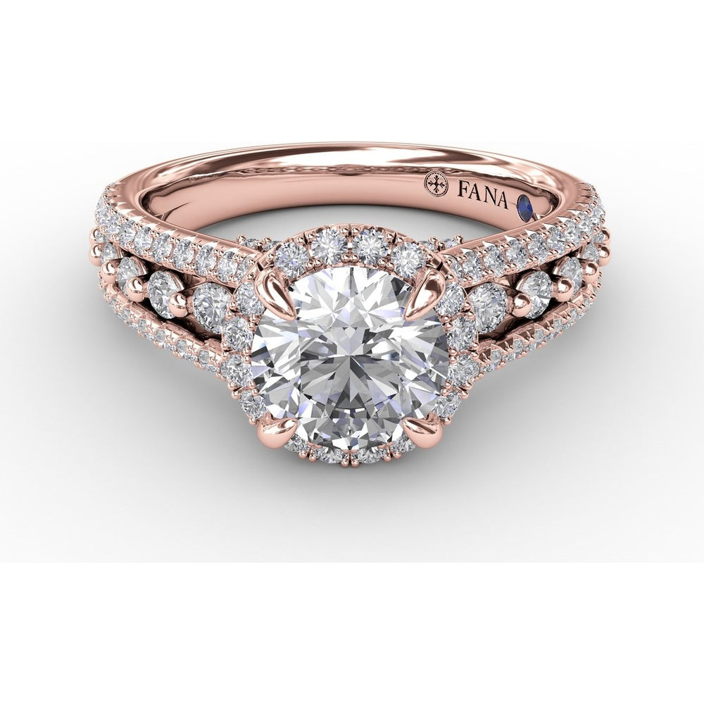 Round Halo Engagement Ring Setting with Triple-Row Pavé Diamond Band by Fana - 0.89 Carat Total Diamond Weight
