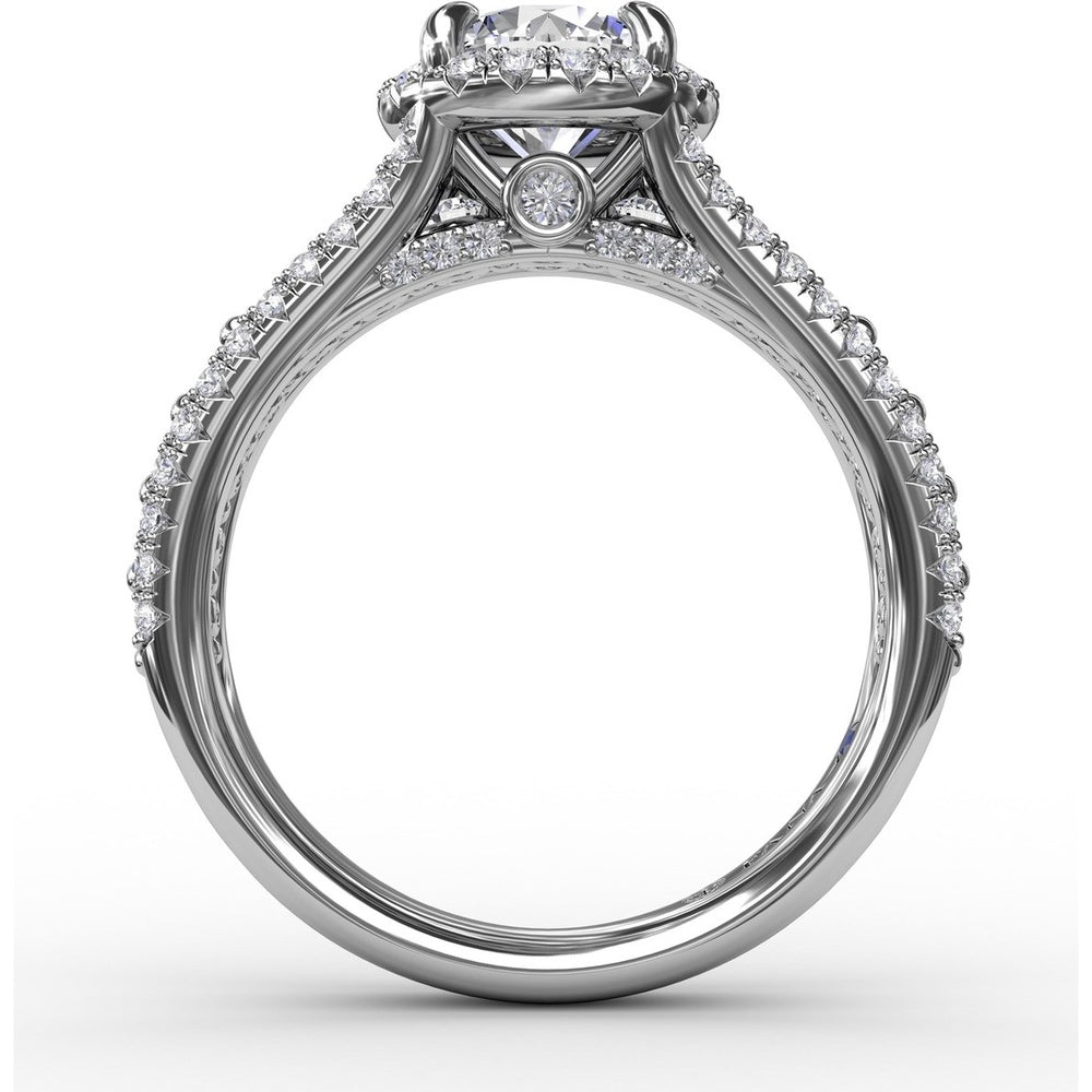 Round Halo Engagement Ring Setting with Triple-Row Pavé Diamond Band by Fana - 0.89 Carat Total Diamond Weight