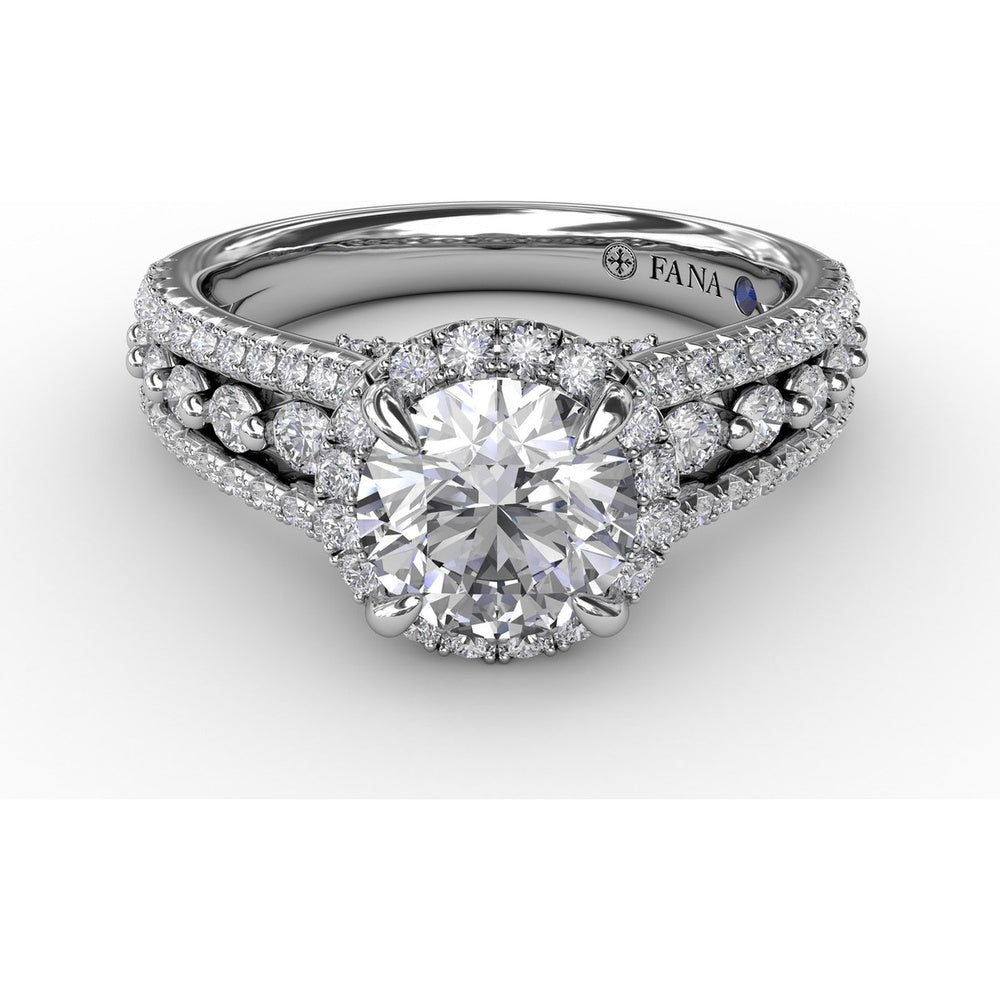 Round Halo Engagement Ring Setting with Triple-Row Pavé Diamond Band by Fana - 0.89 Carat Total Diamond Weight