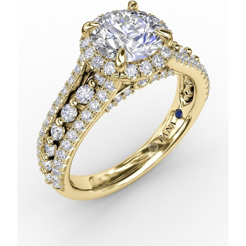 Round Halo Engagement Ring Setting with Triple-Row Pavé Diamond Band by Fana - 0.89 Carat Total Diamond Weight