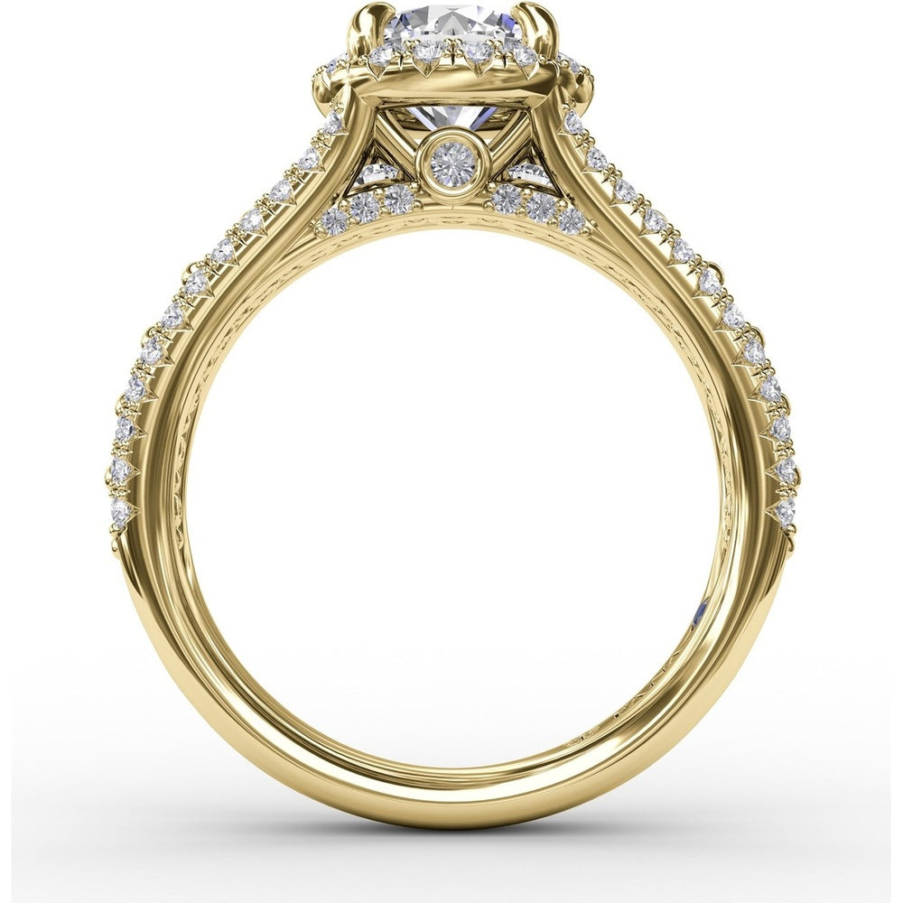 Round Halo Engagement Ring Setting with Triple-Row Pavé Diamond Band by Fana - 0.89 Carat Total Diamond Weight
