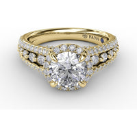 Round Halo Engagement Ring Setting with Triple-Row Pavé Diamond Band by Fana - 0.89 Carat Total Diamond Weight