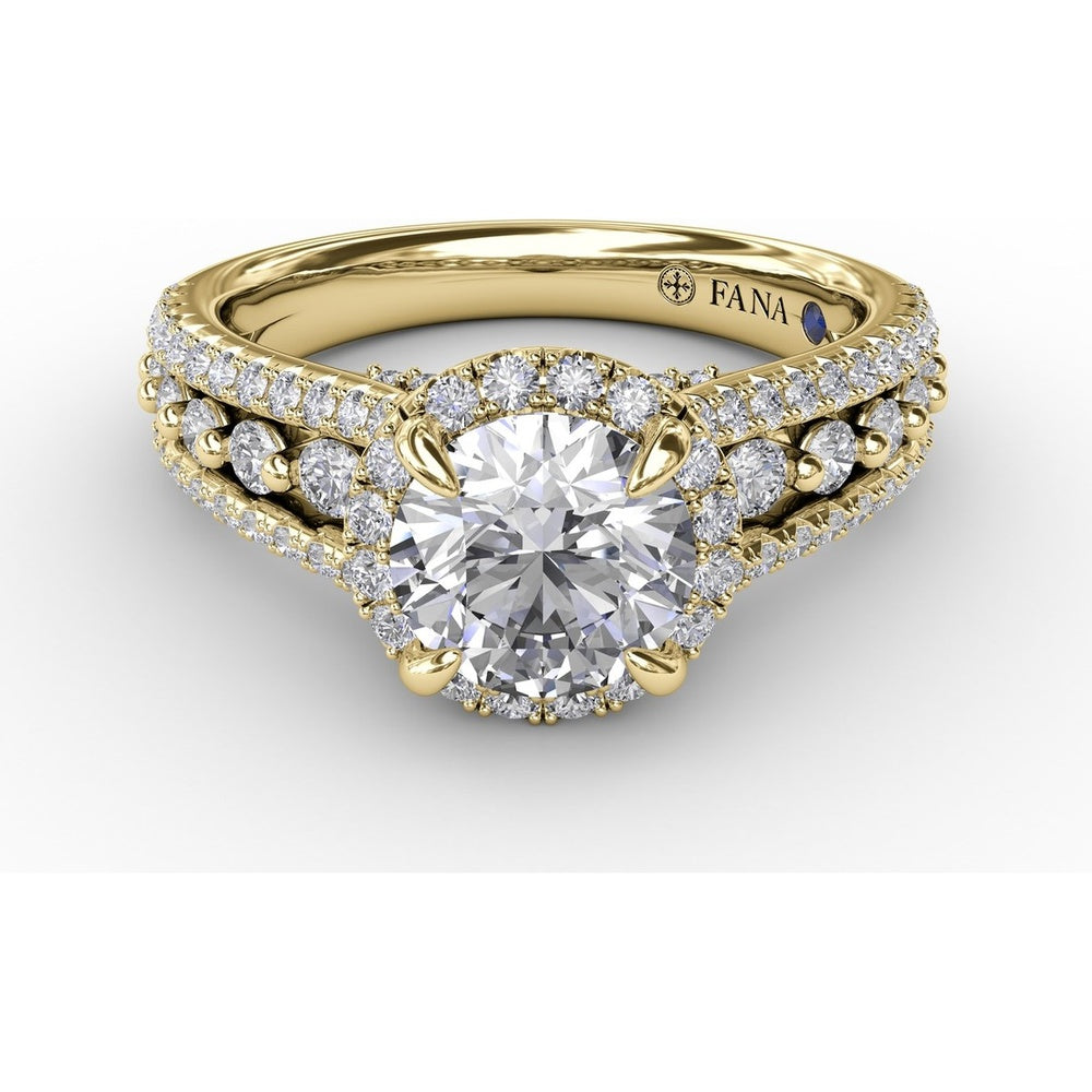 Round Halo Engagement Ring Setting with Triple-Row Pavé Diamond Band by Fana - 0.89 Carat Total Diamond Weight
