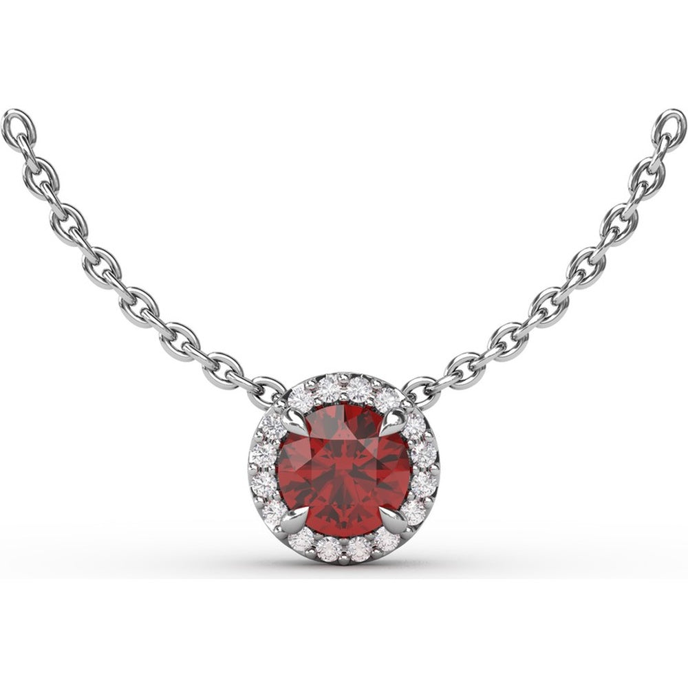 Round Ruby Halo Pendant Necklace with Pavé Diamond Frame and Cable Chain by Fana - 0.75 Carat Total Gemstone Weight