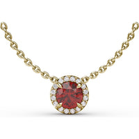 Round Ruby Halo Pendant Necklace with Pavé Diamond Frame and Cable Chain by Fana - 0.75 Carat Total Gemstone Weight