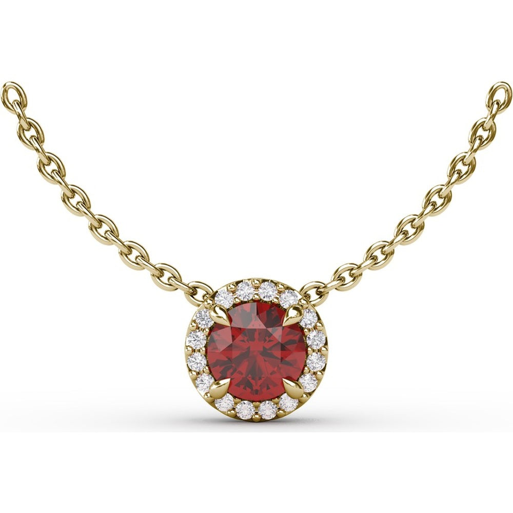 Round Ruby Halo Pendant Necklace with Pavé Diamond Frame and Cable Chain by Fana - 0.75 Carat Total Gemstone Weight