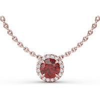 Round Ruby Halo Pendant Necklace with Pavé Diamond Frame and Cable Chain by Fana - 0.75 Carat Total Gemstone Weight