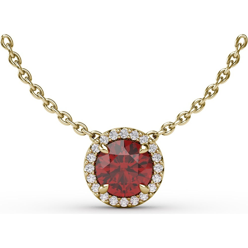 Round Ruby Pendant Necklace with Pavé Diamond Halo by Fana - 1.27 Carat Total Gemstone Weight