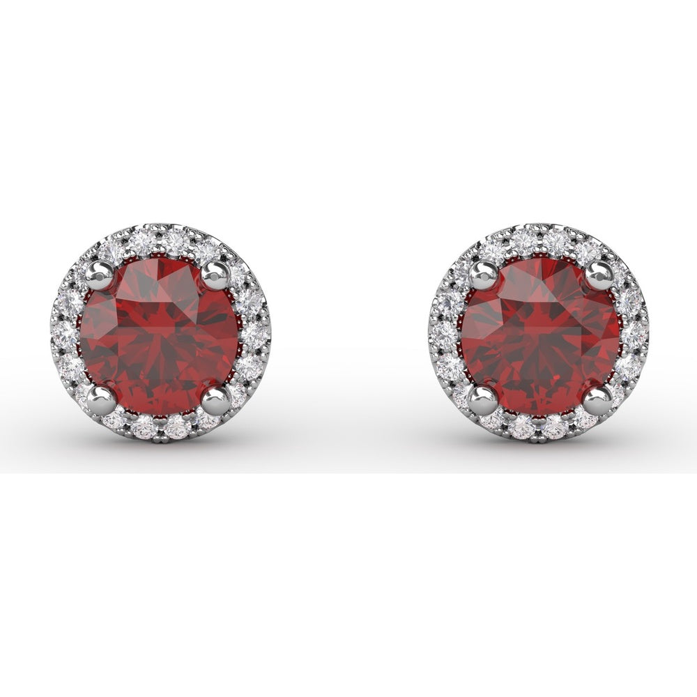 Round Ruby Stud Earrings with Diamond Halo by Fana - 1.50 Carat Total Gemstone Weight