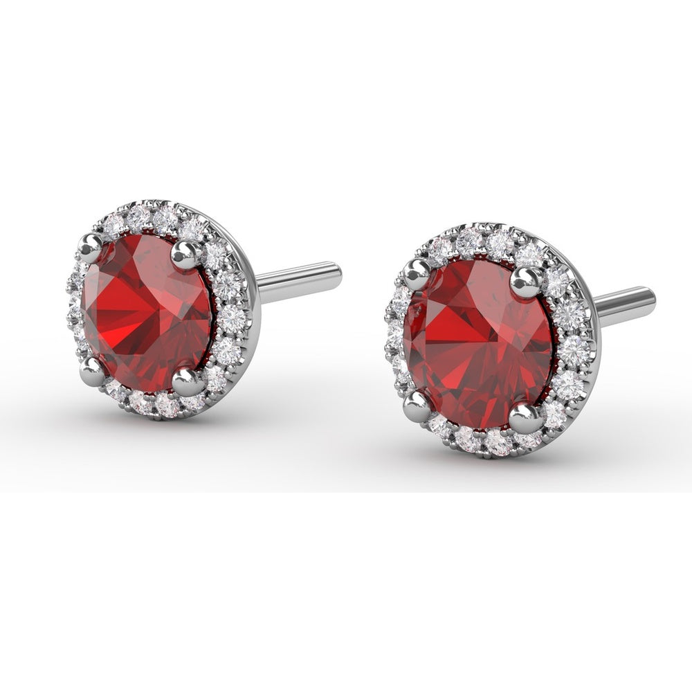 Round Ruby Stud Earrings with Diamond Halo by Fana - 1.50 Carat Total Gemstone Weight