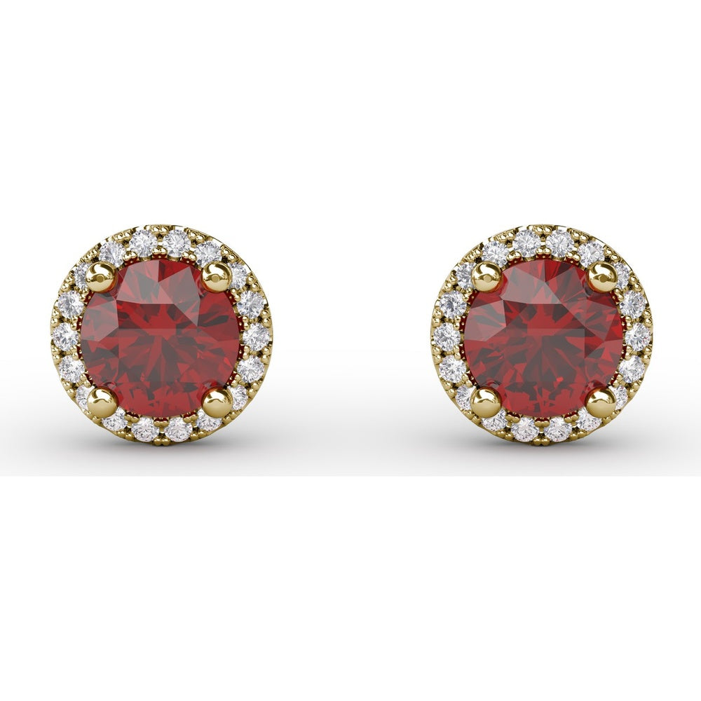 Round Ruby Stud Earrings with Diamond Halo by Fana - 1.50 Carat Total Gemstone Weight