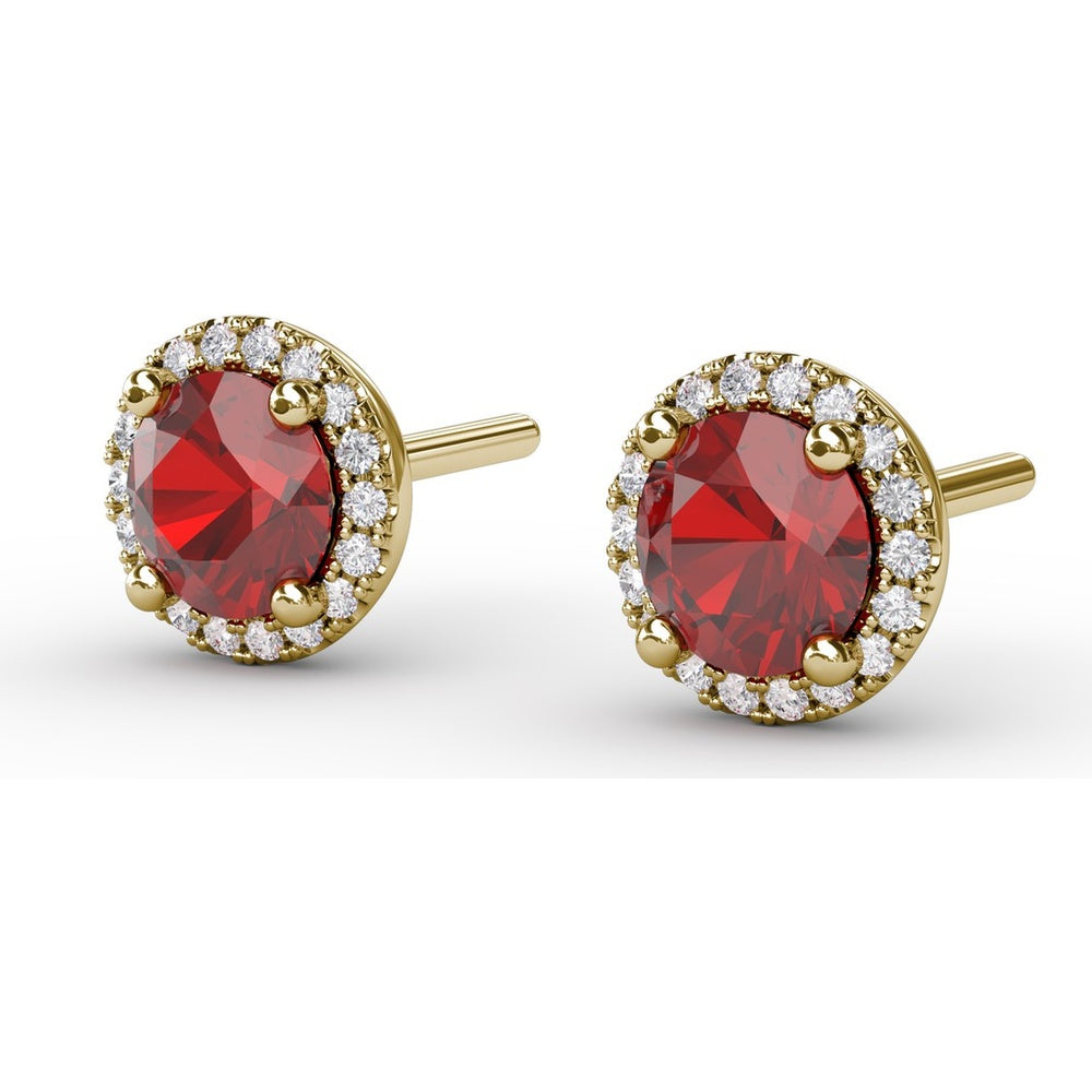 Round Ruby Stud Earrings with Diamond Halo by Fana - 1.50 Carat Total Gemstone Weight