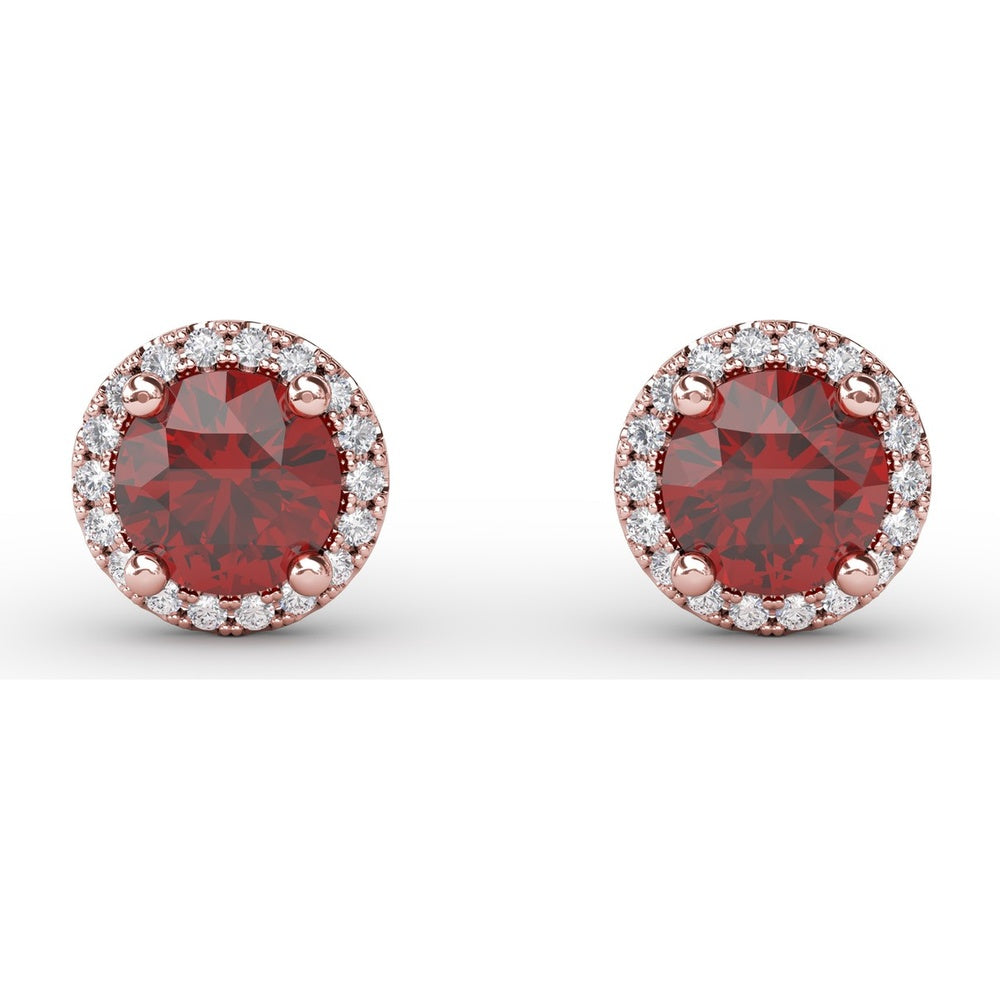 Round Ruby Stud Earrings with Diamond Halo by Fana - 1.50 Carat Total Gemstone Weight