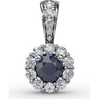 Round Sapphire Halo Pendant with Pavé Diamond Bail by Fana - 0.59 Carat Total Diamond Weight