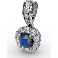 Round Sapphire Halo Pendant with Pavé Diamond Bail by Fana - 0.59 Carat Total Diamond Weight