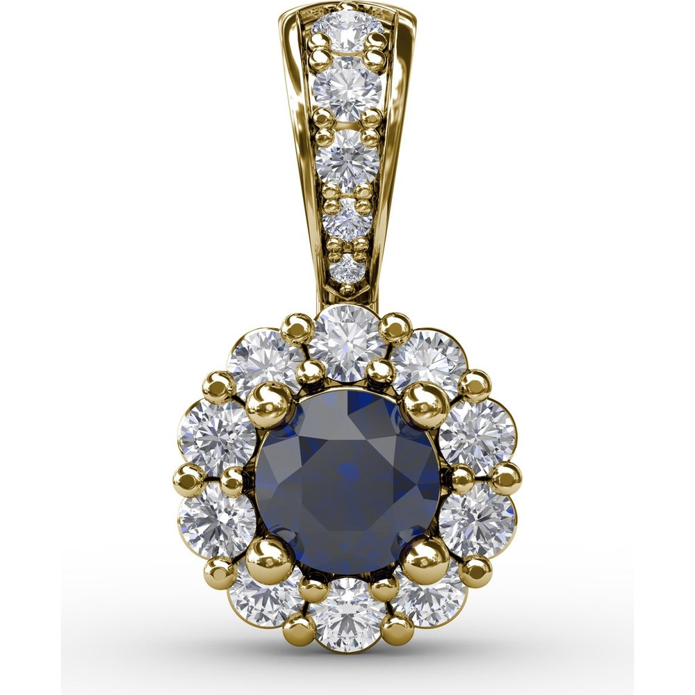 Round Sapphire Halo Pendant with Pavé Diamond Bail by Fana - 0.59 Carat Total Diamond Weight