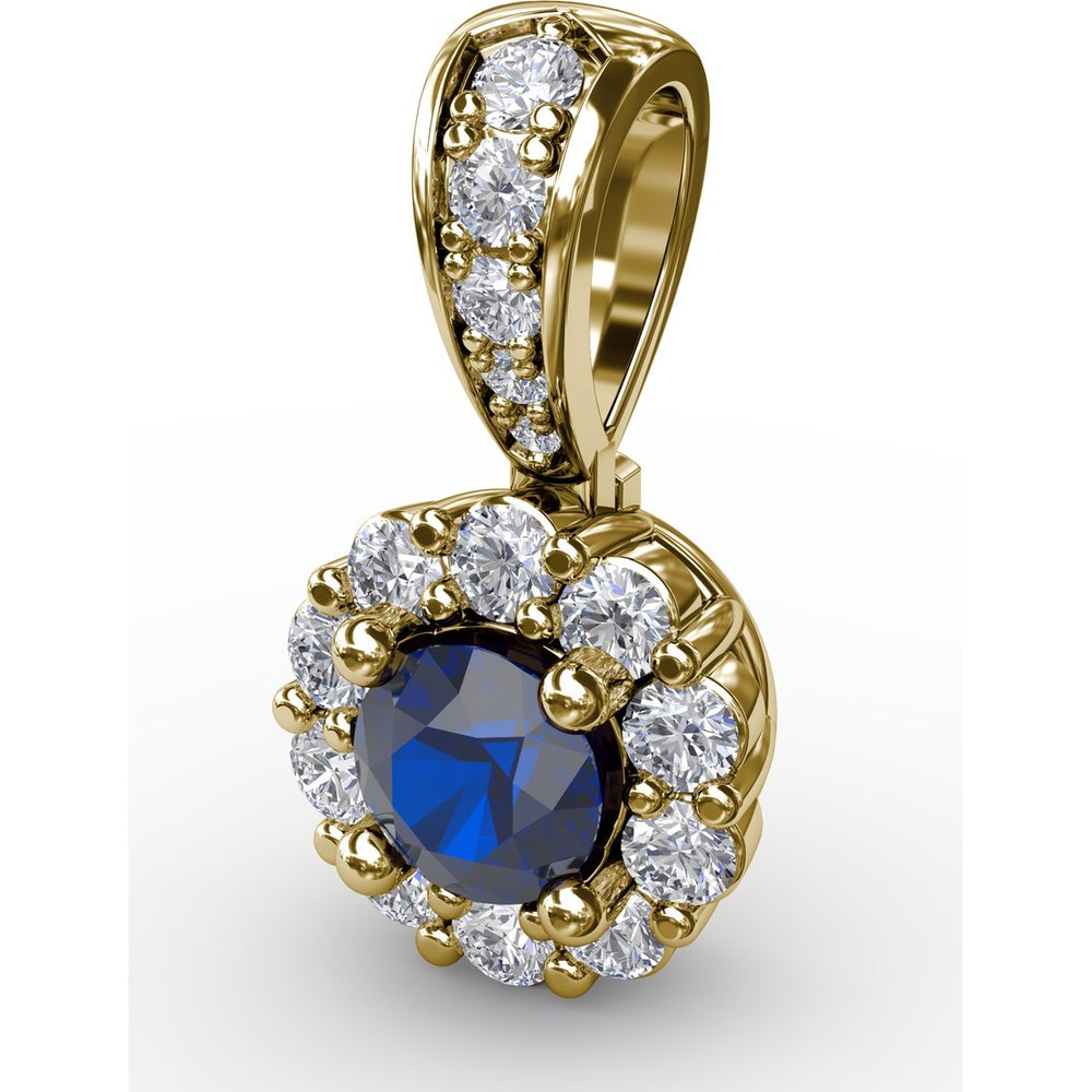 Round Sapphire Halo Pendant with Pavé Diamond Bail by Fana - 0.59 Carat Total Diamond Weight