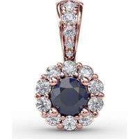 Round Sapphire Halo Pendant with Pavé Diamond Bail by Fana - 0.59 Carat Total Diamond Weight