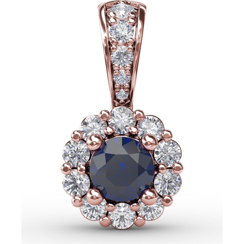 Round Sapphire Halo Pendant with Pavé Diamond Bail by Fana - 0.59 Carat Total Diamond Weight
