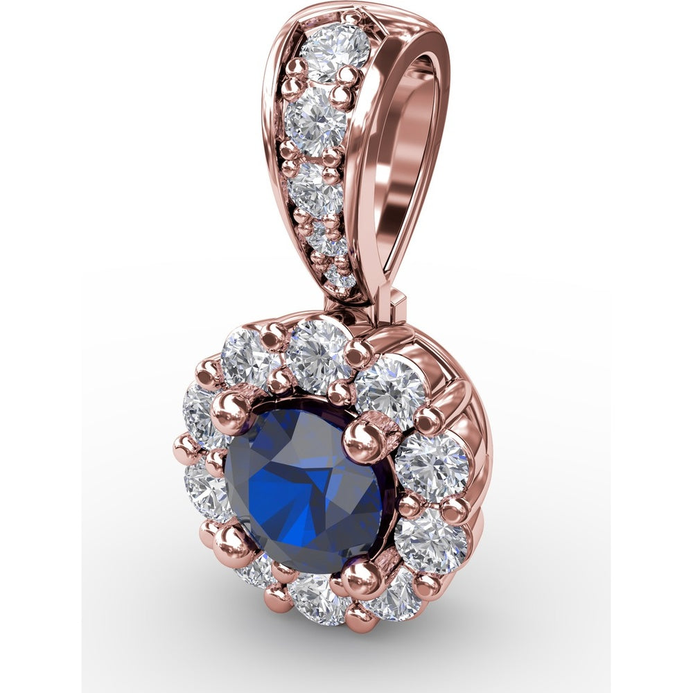 Round Sapphire Halo Pendant with Pavé Diamond Bail by Fana - 0.59 Carat Total Diamond Weight