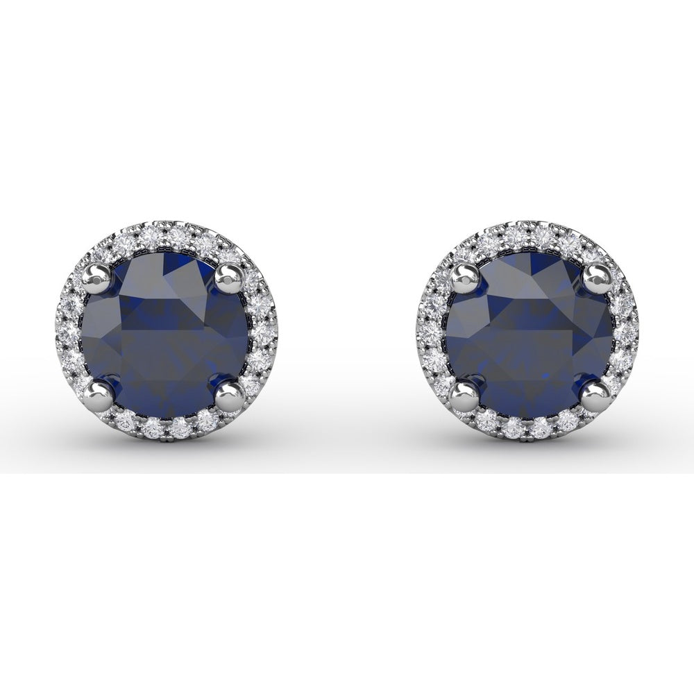 Round Sapphire Stud Earrings with Diamond Halo by Fana - 2.43 Carat Total Gemstone Weight