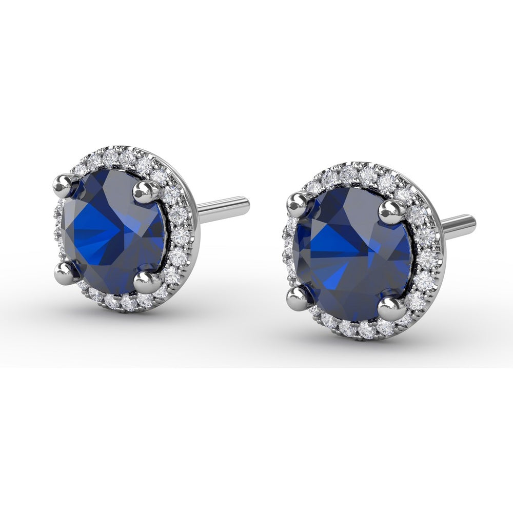 Round Sapphire Stud Earrings with Diamond Halo by Fana - 2.43 Carat Total Gemstone Weight