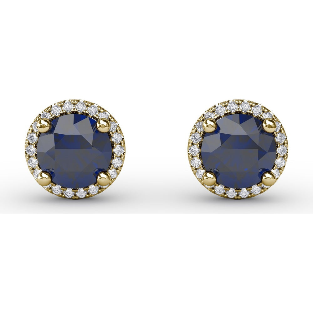 Round Sapphire Stud Earrings with Diamond Halo by Fana - 2.43 Carat Total Gemstone Weight