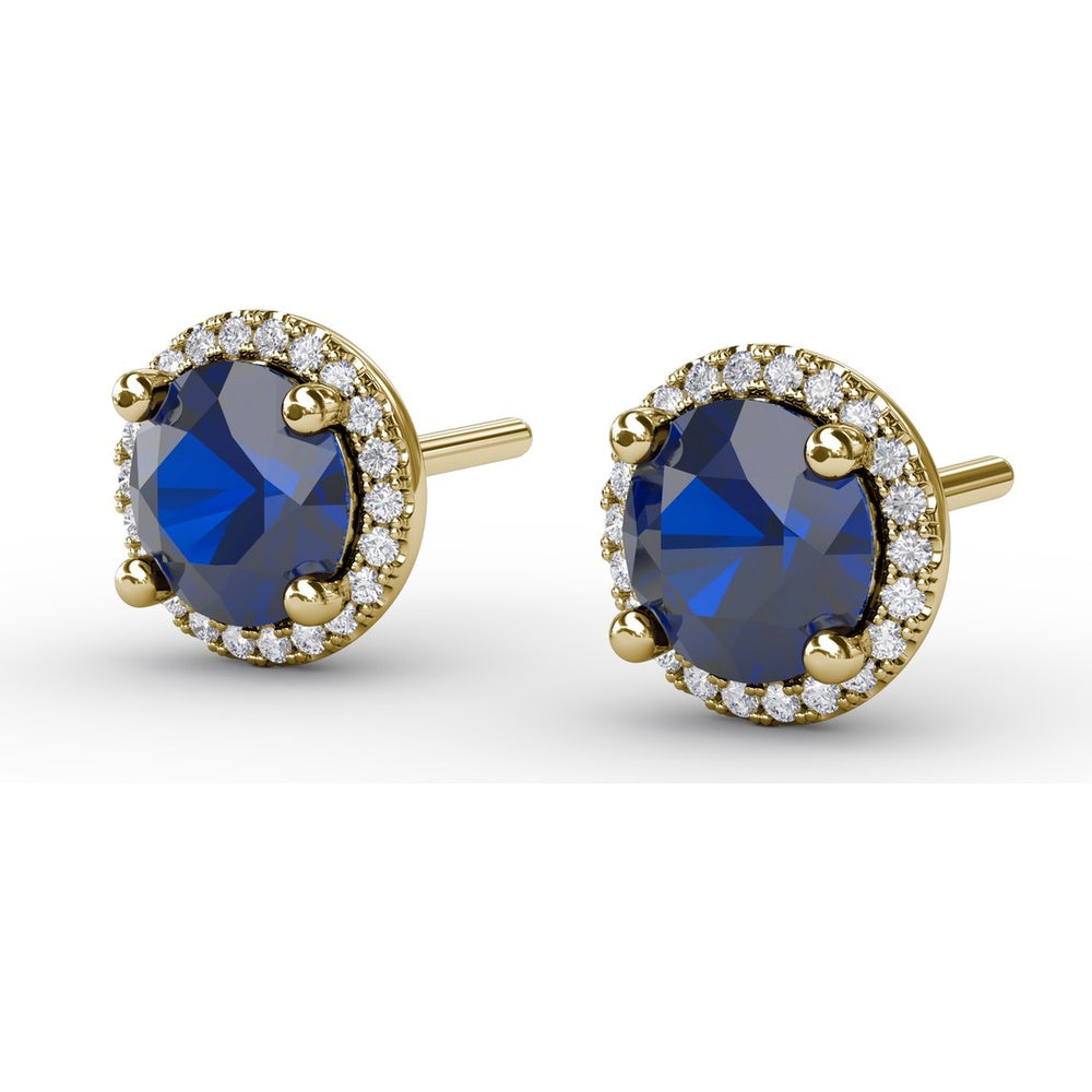 Round Sapphire Stud Earrings with Diamond Halo by Fana - 2.43 Carat Total Gemstone Weight