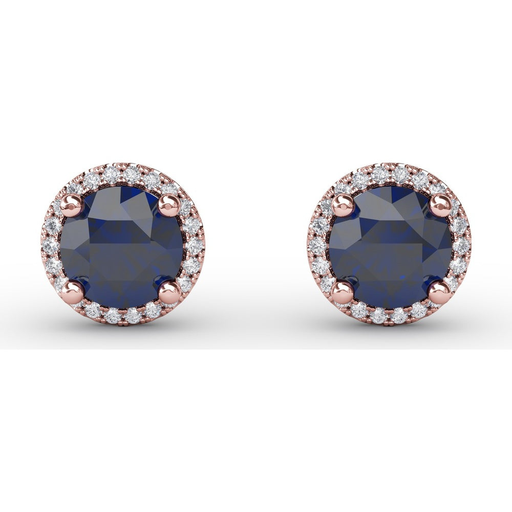 Round Sapphire Stud Earrings with Diamond Halo by Fana - 2.43 Carat Total Gemstone Weight