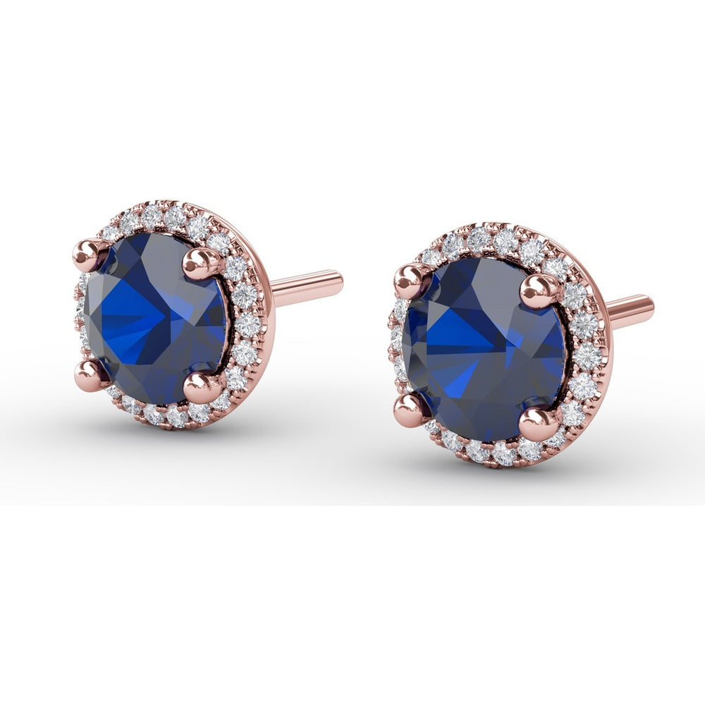 Round Sapphire Stud Earrings with Diamond Halo by Fana - 2.43 Carat Total Gemstone Weight